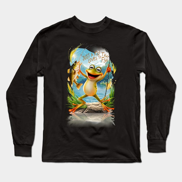 Aquatic Friendship: Frog With Fish on Water Long Sleeve T-Shirt by coollooks